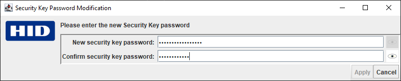 HID Security Key Password Modification dialog box where you can enter and confirm the New security key password